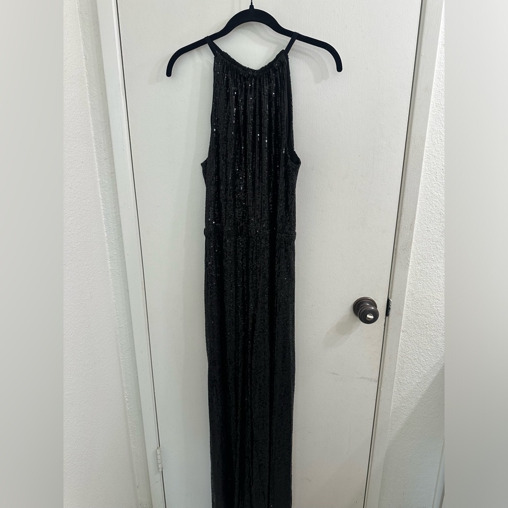 Medium Max Studio womens Sequin Halter Wide Leg Jumpsuit black